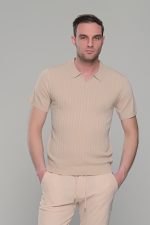Μπεζ πλεκτό ανδρικό πόλο μπλουζάκι – Slim Fit - Image 3