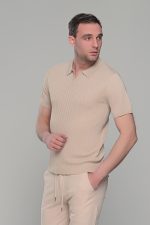 Μπεζ πλεκτό ανδρικό πόλο μπλουζάκι – Slim Fit - Image 4