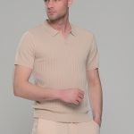 Μπεζ πλεκτό ανδρικό πόλο μπλουζάκι – Slim Fit
