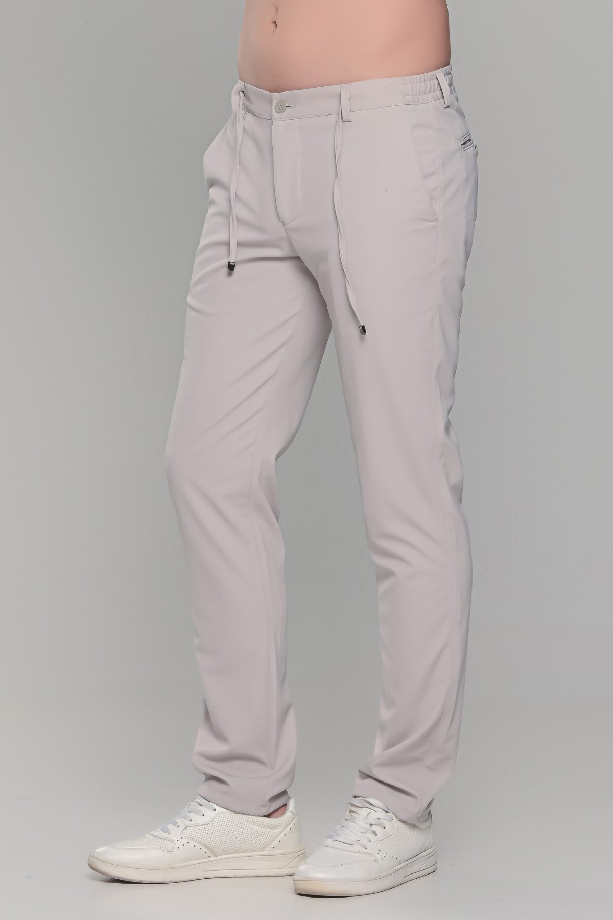 Μπεζ υφασμάτινο ανδρικό παντελόνι με λάστιχο τύπου κοστουμιού καλοκαιρινό– Slim fit - Image 4