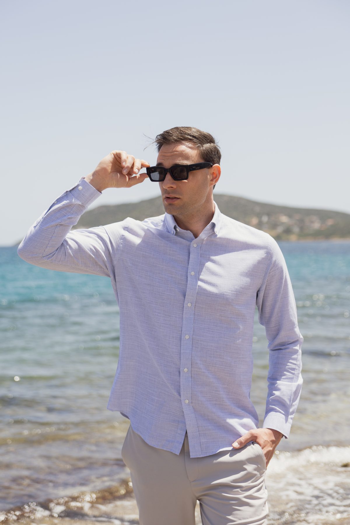 Λινό λευκο-μπλε σιελ ανδρικό πουκάμισο - Slim Fit - Image 4