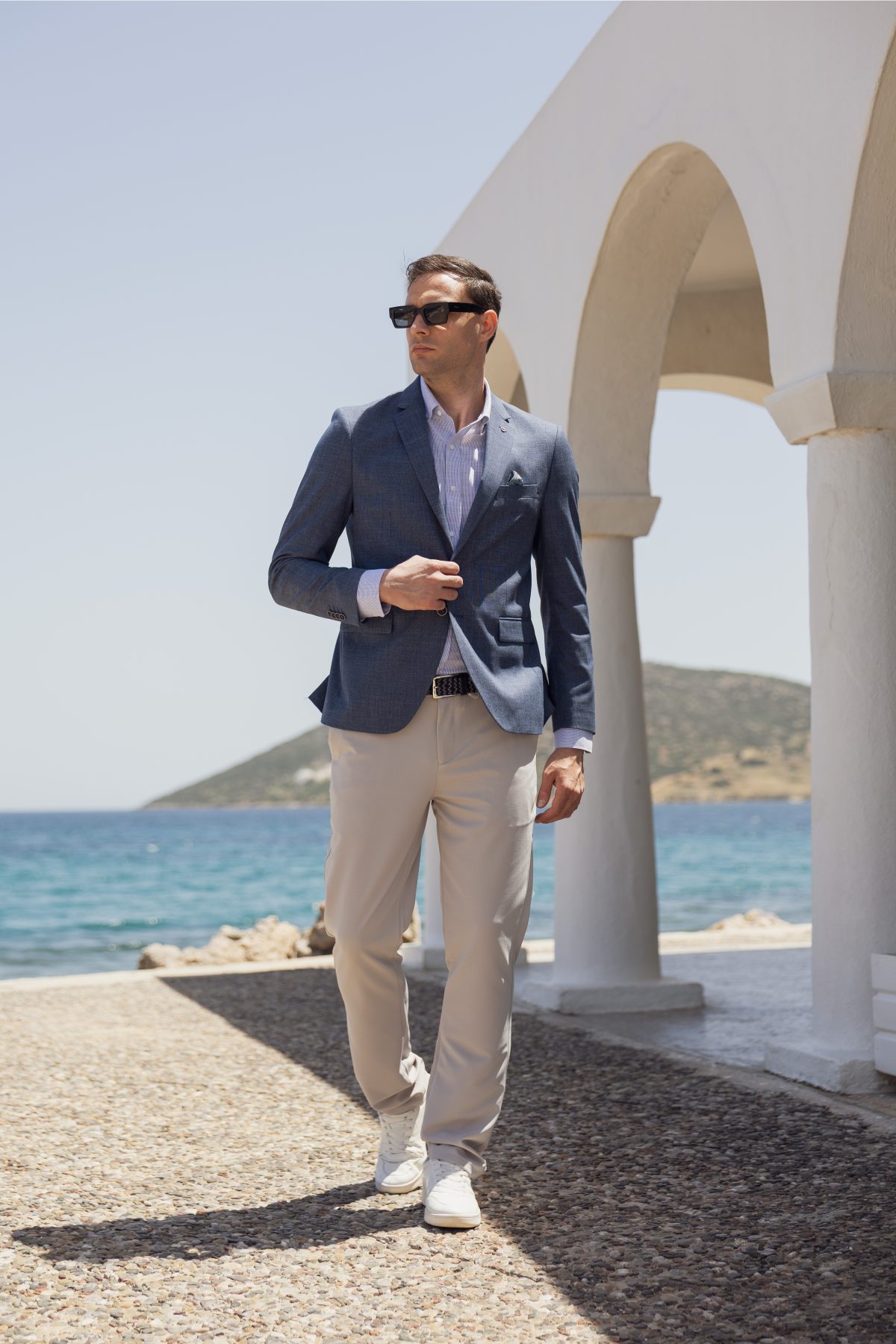 Λινό λευκο-μπλε σιελ ανδρικό πουκάμισο - Slim Fit - Image 5