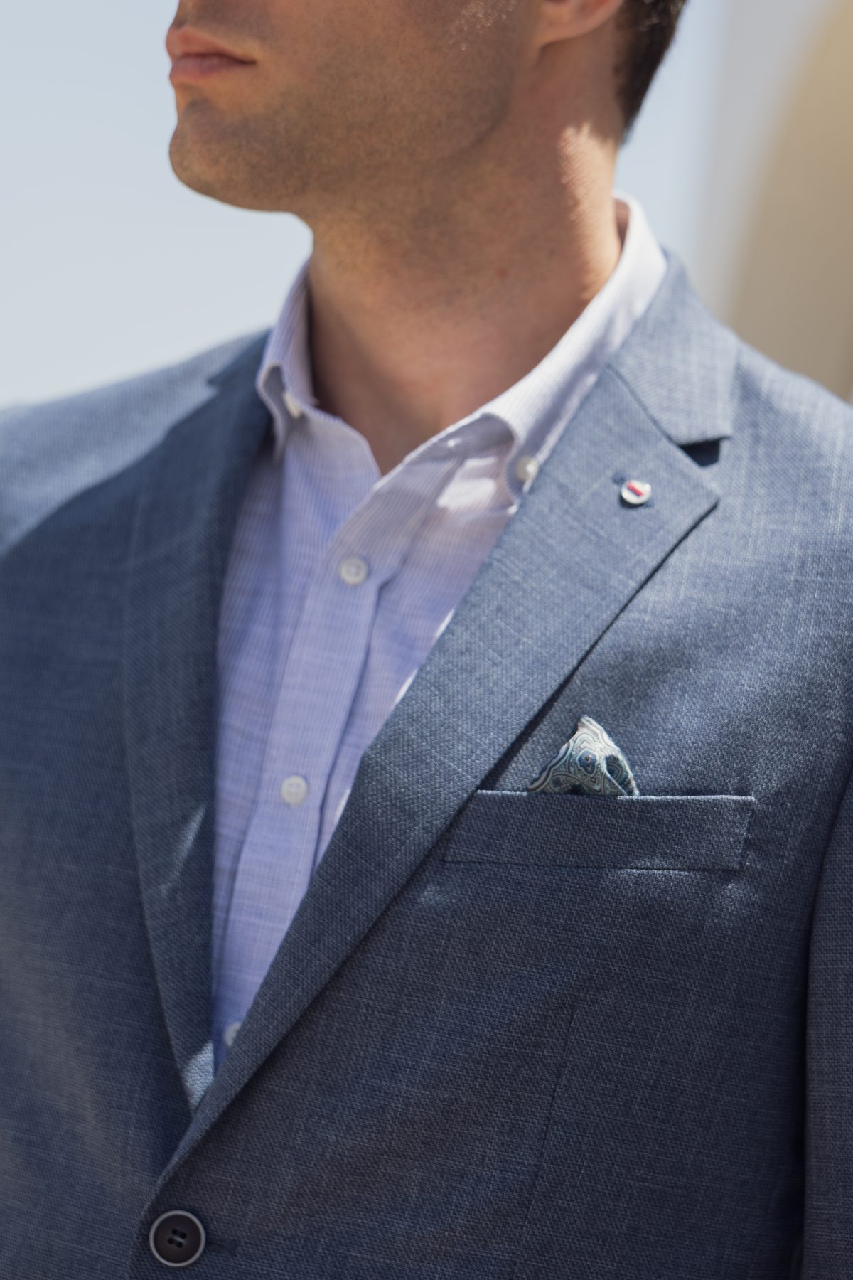 Λινό λευκο-μπλε σιελ ανδρικό πουκάμισο - Slim Fit - Image 6