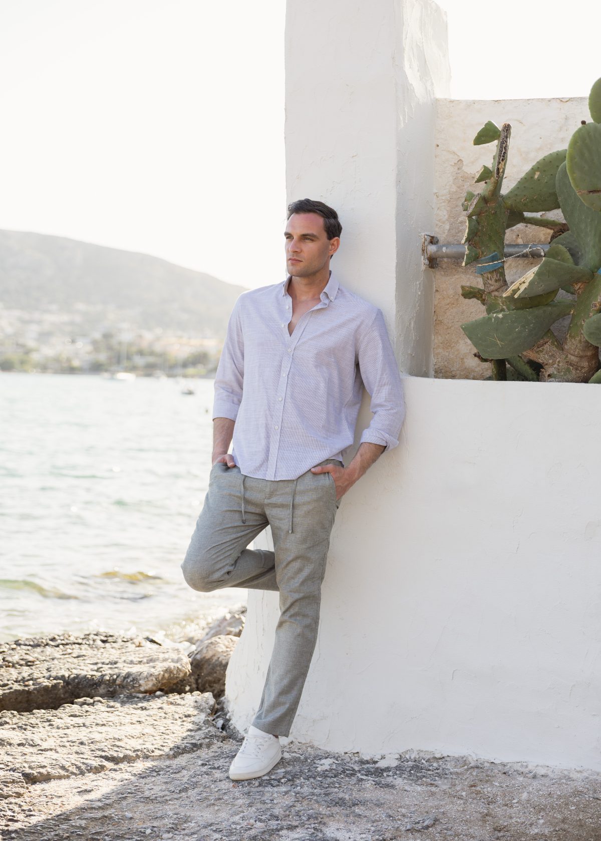 Λινό λευκο-χακί ανδρικό πουκάμισο - Slim Fit - Image 4