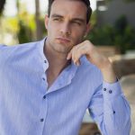 Λινό σιέλ ανδρικό πουκάμισο με μάο γιακά - Slim Fit