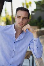 Λινό σιέλ ανδρικό πουκάμισο με μάο γιακά - Slim Fit