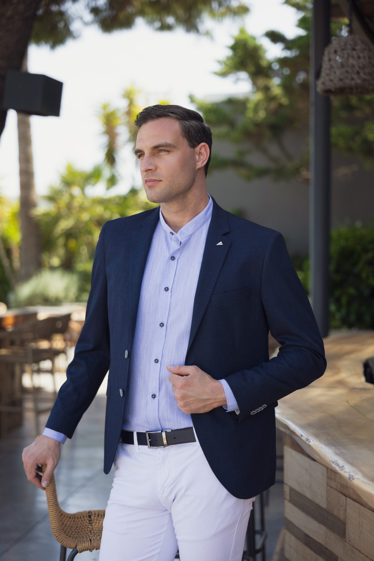 Λινό σιέλ ανδρικό πουκάμισο με μάο γιακά - Slim Fit - Image 4