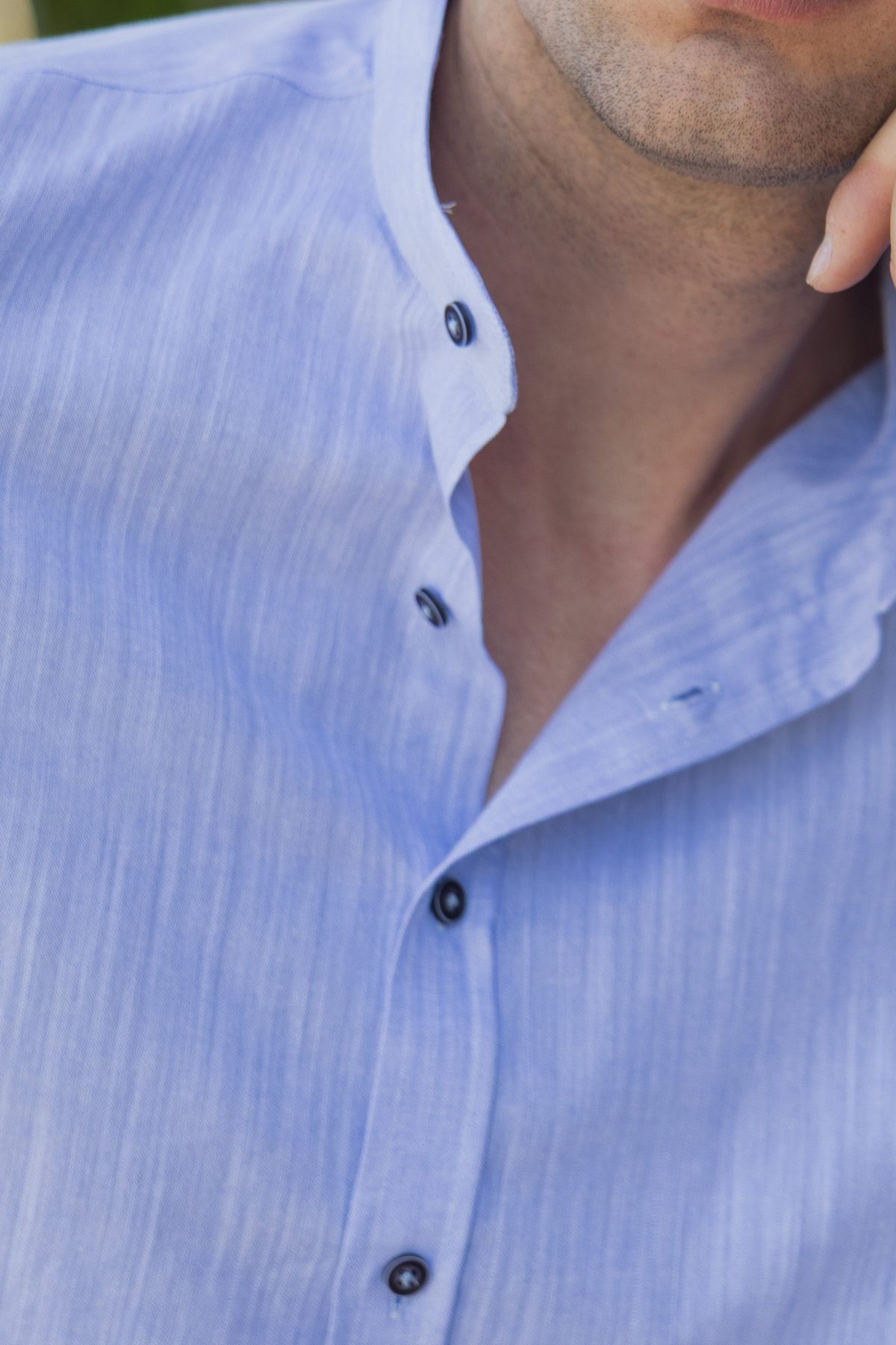 Λινό σιέλ ανδρικό πουκάμισο με μάο γιακά - Slim Fit - Image 2